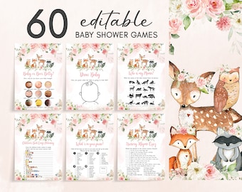 Bewerkbare bundel bos babyshowergames voor meisjes, roze bloemen bos babyshower gamepakket, sjabloon voor babygames bosdieren meisje 0319