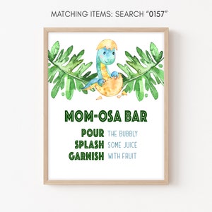 Momosa Bar Zeichen Dinosaurier-Babyparty, druckbare Greenery Babyparty Momosa Zeichen, Mimose Dinosaurier-Babyparty-Thema, sofortiger Download BSL-57