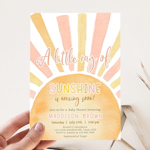 Editable A Little Ray Of Sunshine Baby Shower Invitation, Boho Sun Baby Shower Invite, Retro Boho Sunshine Baby Shower Invitation, 0755