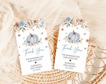 Editable Blue A Little Pumpkin Baby Shower Favor Tag, Boy Pumpkin Baby Shower Gift Tags, Autumn Leaves Floral Fall Baby Shower Tag, 01119
