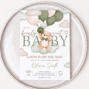 Editable We Can Bearly Wait Baby Shower Invitation, Green Balloon Bear Baby Shower Invite, Gender Neutral Boho Bear Baby Shower Invite 01030