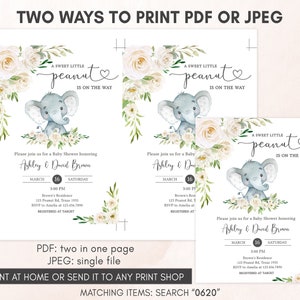 Editable Gender Neutral Elephant Baby Shower Invitation, Floral Elephant Baby Shower Invite, Elephant Greenery Baby Shower Invitation, 0620 image 3