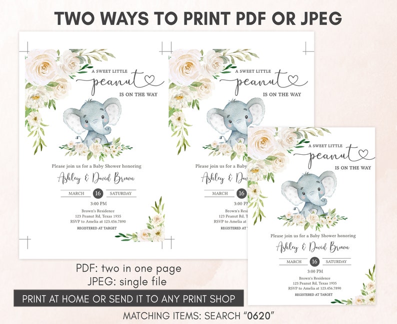 Editable Gender Neutral Elephant Baby Shower Invitation, Floral Elephant Baby Shower Invite, Elephant Greenery Baby Shower Invitation, 0620 image 3