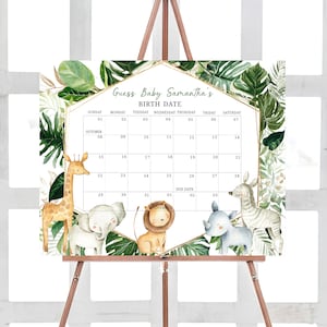 Bearbeitbarer Wild One Babyparty Fälligkeitsdatumskalender, Greenery Safari Jungle Babypartykalender, Junge Safari Tiere Geburtstagsvorhersagen 0311