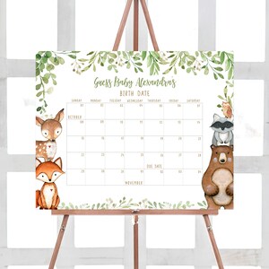 Bearbeitbarer Wald-Babyparty-Fälligkeitskalender, Greenery Waldtiere Baby-Duschekalender, Tier-Geburtstagsvorhersage-Vorlage 0400