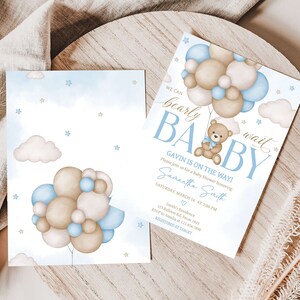 Editable Blue Boy Bear Balloon Baby Shower Invitation, We Can Bearly Wait Baby Shower Invite, Boho Brown Bear Baby Shower Invitation, 0621 image 2