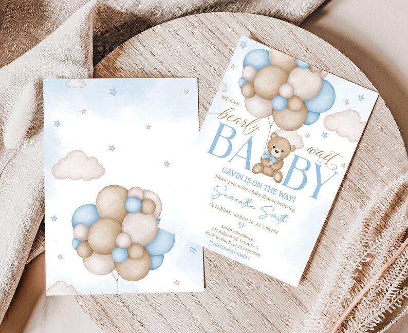 Editable Blue Boy Bear Balloon Baby Shower Invitation, We Can Bearly Wait Baby Shower Invite, Boho Brown Bear Baby Shower Invitation, 0621 image 2