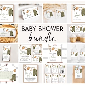 May include: A baby shower printable bundle with a green and brown color scheme. The design features a watercolor illustration of a baby's overalls hanging on a clothesline with other baby items. The text on the printable says "A Sweet Baby Boy".
