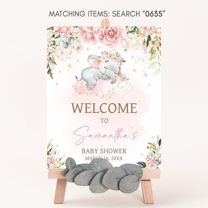 Signo de bienvenida de baby shower de elefante rosa editable, cartel de bienvenida de baby shower de elefante floral rosa, signo de baby shower de niña de flores rosas, 0635 imagen 3