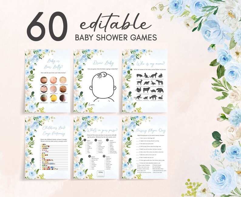 Paquete editable de juegos de baby shower para niño bebé en floración, paquete de juegos de baby shower floral azul, juegos de baby shower con flores verdes de primavera, 0707 imagen 1
