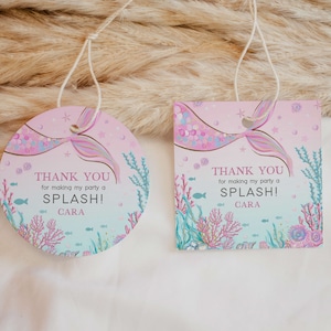 Etichette modificabili per bomboniere compleanno sirena, Etichette regalo compleanno sotto il mare, Etichetta di ringraziamento per la prima festa di compleanno Splish Splash, Sirena Bash 268BD