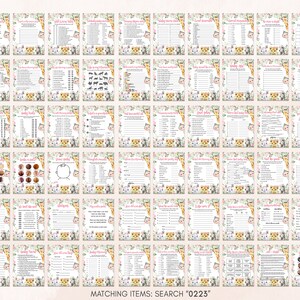 May include: A set of 25 printable baby shower game cards featuring a jungle animal theme with pink, yellow, and green colors. The cards include games like "Guess the Baby Food", "Baby Animal Bingo", and "Who Knows Mommy Best".