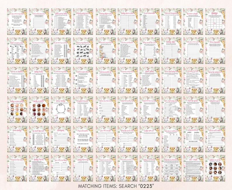 May include: A set of 25 printable baby shower game cards featuring a jungle animal theme with pink, yellow, and green colors. The cards include games like "Guess the Baby Food", "Baby Animal Bingo", and "Who Knows Mommy Best".
