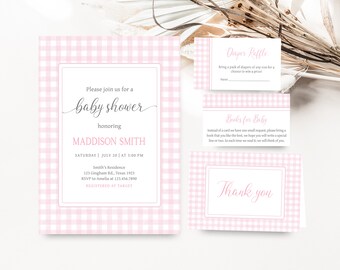 Editable Pink Gingham Baby Shower Invitation Bundle, Girl Picnic BBQ Baby Shower Invite Set, Backyard Baby-Q Baby Shower Invitation, 0777