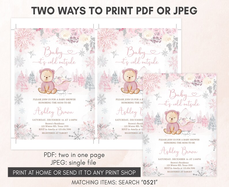 Bearbeitbare Rosa Winter-Bär-Babyparty-Einladung, Mädchen-Bär Winter-Babyparty-Einladung, Rosa Schneeflocke-Baby Es ist kalt draußen einladen, 0521 Bild 3