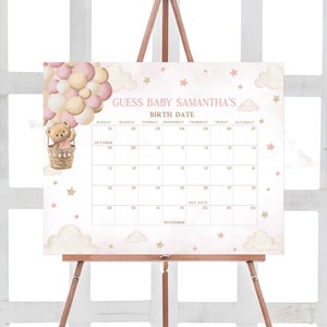 Bearbeitbarer Mädchen-Rosa-Bär-Babyparty-Fälligkeitsdatumskalender, Wir können Bären-Babypartykalender warten, Teddybär-Ballon-Geburtstagsvorhersage 0417