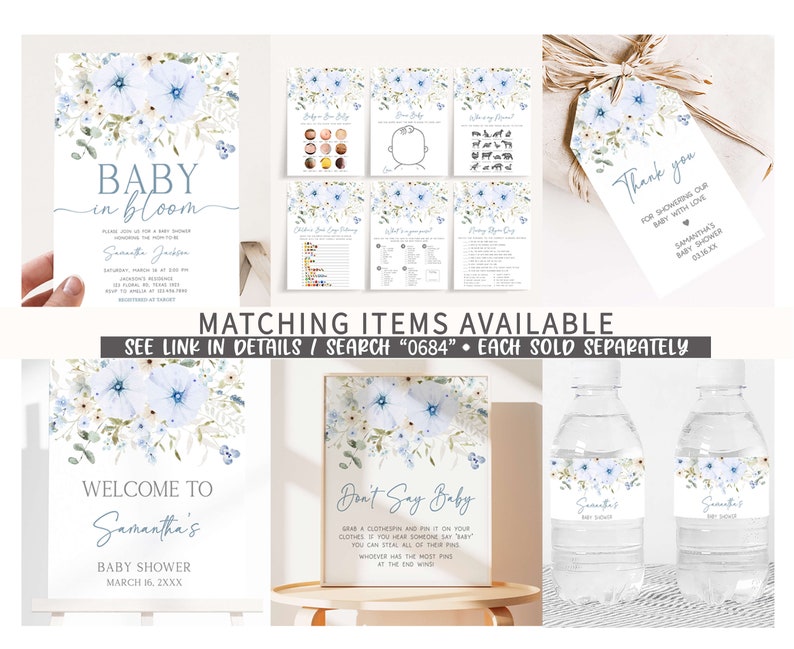 Editable Baby in Bloom Baby Shower Bottle Label, Dusty Blue Wildflower Baby Shower Water Labels, Spring Flowers Water Bottle Stickers, 0684 image 2