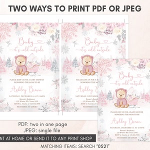 Editable Pink Winter Bear Baby Shower Invitation Bundle, Girl Bear Winter Baby Shower Invite Set, Pink Snowflake Baby It's Cold Outside 0521 image 4