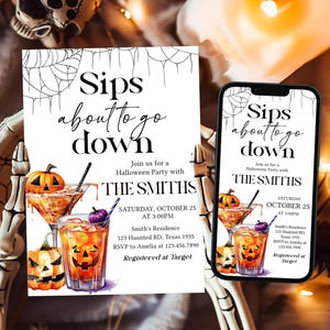 Editable Sips About to Go Down Halloween Invitation, Adult Halloween Skeleton Invitation, Costumes Cocktails Halloween Party Invite, 126SE
