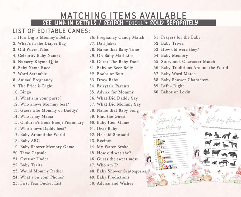 a list of matching items available for a baby shower