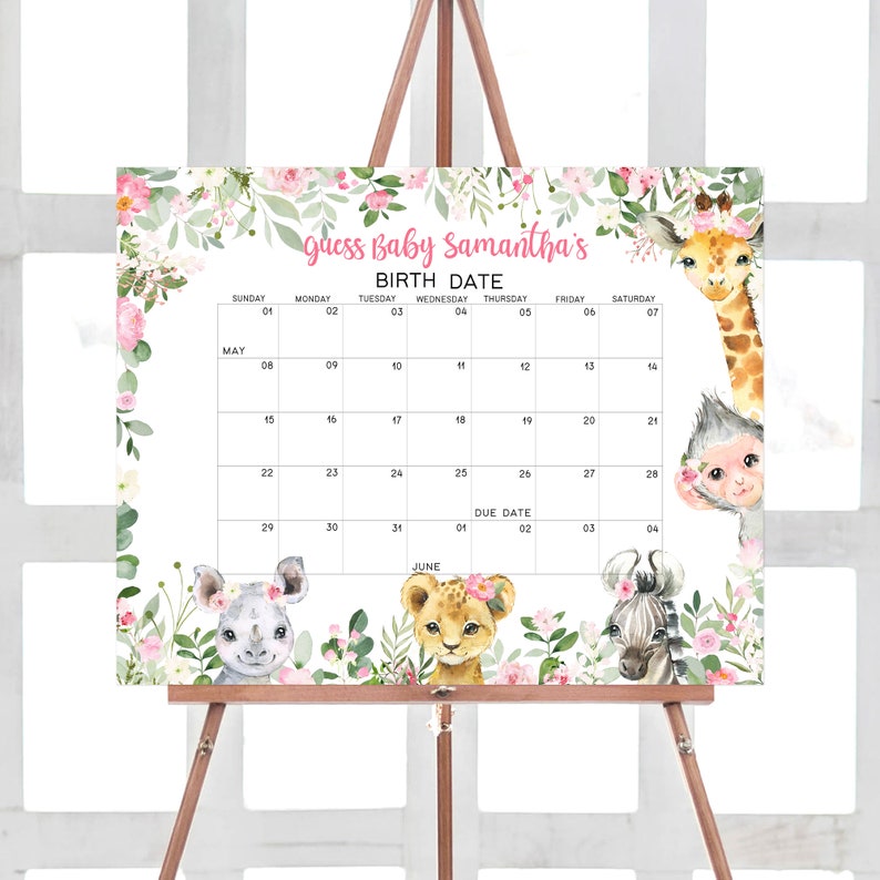 May include: A pink and green floral themed baby shower game with a calendar for guests to guess the baby's birth date. The calendar is for May and June. The text on the sign reads "Guess Baby Samantha's Birth Date".