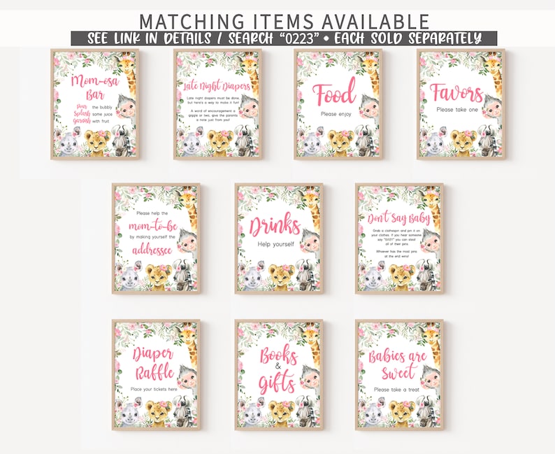 May include: A set of 10 printable signs for a baby shower with a jungle animal theme. The signs are decorated with pink flowers, green leaves, and illustrations of a giraffe, zebra, and lion. The signs include titles like "Mom-esa Bar", "Drinks", "Favors", "Diaper Raffle", and "Books & Gifts".