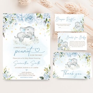 Paquete editable de invitación de baby shower de elefante azul, conjunto de invitación de baby shower de elefante floral azul, invitación de baby shower de niño de flores azules, 0636 imagen 1