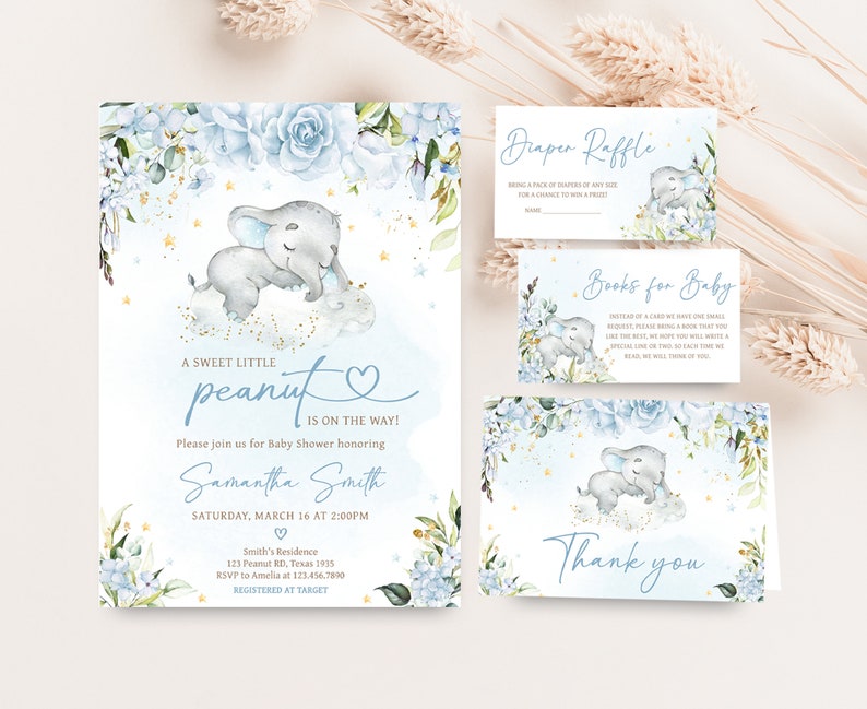 Paquete editable de invitación de baby shower de elefante azul, conjunto de invitación de baby shower de elefante floral azul, invitación de baby shower de niño de flores azules, 0636 imagen 1