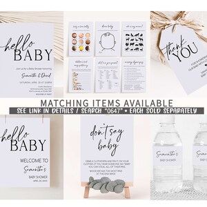 K&ouml;nnte beinhalten: Ein Set druckbarer Babyparty-Dekorationen in einem helllila und wei&szlig;en Farbschema. Das Set beinhaltet ein Willkommens-Schild, ein "Sag nicht Baby"-Spiel, ein Dankesch&ouml;n-Etikett und Wasserflaschenetiketten. Der Text auf dem Willkommens-Schild lautet "hello baby" und "Willkommen zu Samanthas Babyparty". Der Text auf dem "Sag nicht Baby"-Spiel lautet "Sag nicht Baby". Der Text auf dem Dankesch&ouml;n-Etikett lautet "Vielen Dank, dass Sie unser Baby mit Liebe &uuml;bersch&uuml;ttet haben Samanthas Babyparty 04.20.xx". Der Text auf den Wasserflaschenetiketten lautet "Samanthas Babyparty".