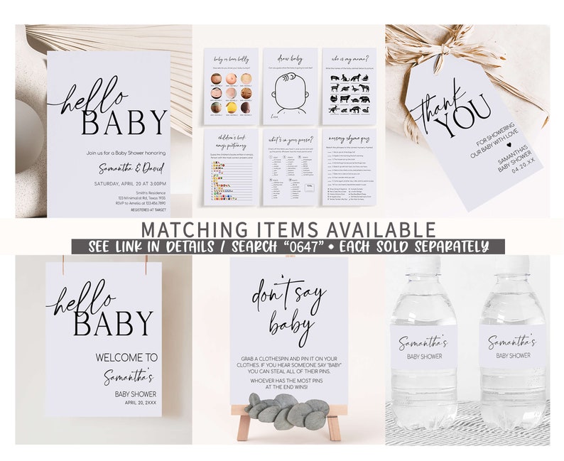 K&ouml;nnte beinhalten: Ein Set druckbarer Babyparty-Dekorationen in einem helllila und wei&szlig;en Farbschema. Das Set beinhaltet ein Willkommens-Schild, ein "Sag nicht Baby"-Spiel, ein Dankesch&ouml;n-Etikett und Wasserflaschenetiketten. Der Text auf dem Willkommens-Schild lautet "hello baby" und "Willkommen zu Samanthas Babyparty". Der Text auf dem "Sag nicht Baby"-Spiel lautet "Sag nicht Baby". Der Text auf dem Dankesch&ouml;n-Etikett lautet "Vielen Dank, dass Sie unser Baby mit Liebe &uuml;bersch&uuml;ttet haben Samanthas Babyparty 04.20.xx". Der Text auf den Wasserflaschenetiketten lautet "Samanthas Babyparty".