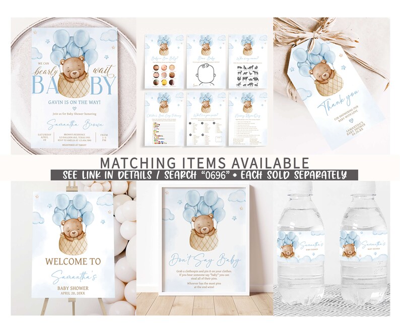 Editable niño globo aerostático oso baby shower signo de bienvenida, azul podemos esperar con paciencia cartel de bienvenida del baby shower, boho baby shower sign, 0696 imagen 2