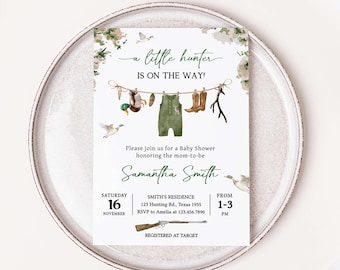 Editable Duck Hunting Baby Shower Invitation, A Little Hunter, Mallard Duck Baby Shower Invite, Hunter Clothes Baby Shower Invitation, 0964