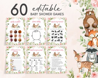 Editable Floral Woodland Baby Shower Games Bundle, Woodland Animals Baby Shower Game Pack, Girl Woodland Forest Animals Games Template 0398