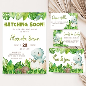 Bewerkbare dinosaurus babyshower uitnodigingsbundel, binnenkort uitkomen schattige dino babyshower uitnodigen, neutraal groen dino babyshower uitnodigen, 01038