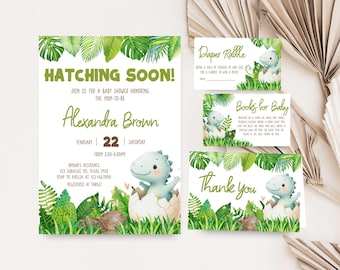 Editable Dinosaur Baby Shower Invitation Bundle, Hatching Soon Cute Dino Baby Shower Invite, Neutral Greenery Dino Baby Shower Invite, 01038