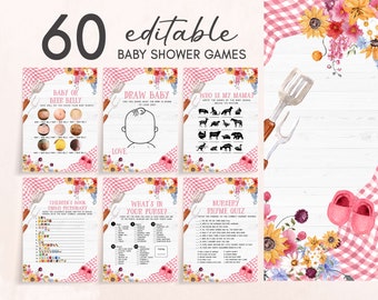 Editable Pink BBQ Baby Shower Games Bundle Baby Q Shower Game Pack Girl Backyard Barbeque Picnic Couples Shower Game Printable Template 0302