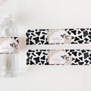 Editable Pink Cow Baby Shower Bottle Label, Girl Holy Cow Baby Shower Water Label, Boho Floral Highland Cow Farm Water Bottle Stickers, 0662 image 3