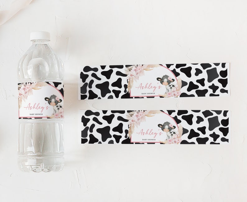 Editable Pink Cow Baby Shower Bottle Label, Girl Holy Cow Baby Shower Water Label, Boho Floral Highland Cow Farm Water Bottle Stickers, 0662 image 3