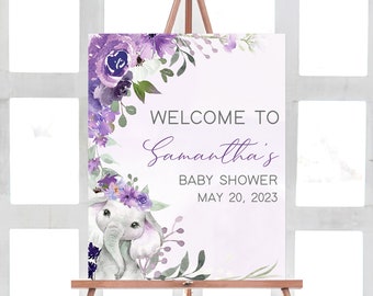 Editable Purple Elephant Baby Shower Welcome Sign, Lavender Floral Baby Shower Welcome Poster, Girl Elephant Sign Printable Template 0228