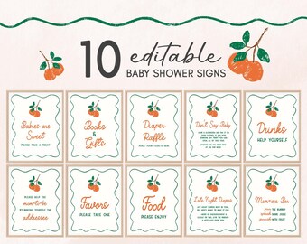 Editable A Little Cutie Is On the Way Baby Shower Table Sign, Orange Baby Shower Bundle Sign, Gender Neutral Citrus Baby Shower Sign, 01056