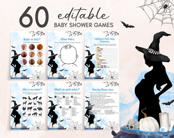 Editable A Baby is Brewing Halloween Baby Shower Games Bundle, Blue Witch Baby Shower Game Pack, Boy Halloween Baby Shower Games Set 0454
