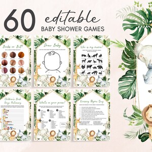 Editable Wild One Baby Shower Games Bundle, Greenery Safari Jungle Baby Shower Game Pack, Boy Jungle Safari Animals Games Set Template 0311 image 1