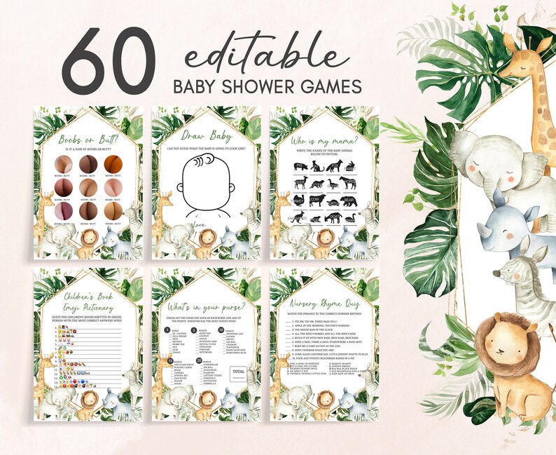 Editable Wild One Baby Shower Games Bundle, Greenery Safari Jungle Baby Shower Game Pack, Boy Jungle Safari Animals Games Set Template 0311 image 1