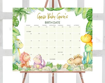 Editable Dinosaur Baby Shower Due Date Calendar, Greenery Dino Baby Shower Calendar, Baby Dinosaur Boy Baby Shower Birthday Prediction, 0680