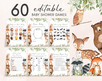 Editable Woodland Baby Shower Games Bundle Greenery Woodland Animals Baby Shower Game Pack Gender Neutral Forest Animals Games Template 0322