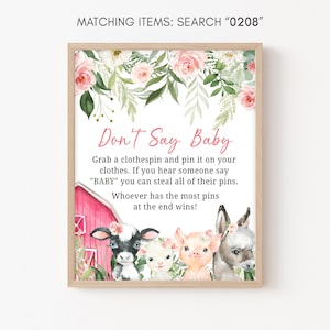Don&#39;t Say Baby Sign Girl Farm Baby Shower Sign Floral Farm Animals Baby Shower Game Sign Pink Barnyard Decor Rustic Printable Template 0208