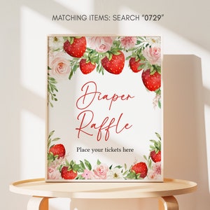 Diaper Raffle Sign Strawberry Baby Shower, Berry Sweet Baby Shower Diaper Game Sign, Pink Floral Strawberry Girl Baby Shower Sign Decor 0729