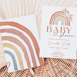 Editable Boho Rainbow Baby Shower Invitation Bundle, Pink Pampas Grass Boho Rainbow Baby Shower Invite Set, Girl Rainbow Baby Shower, 0632 image 2