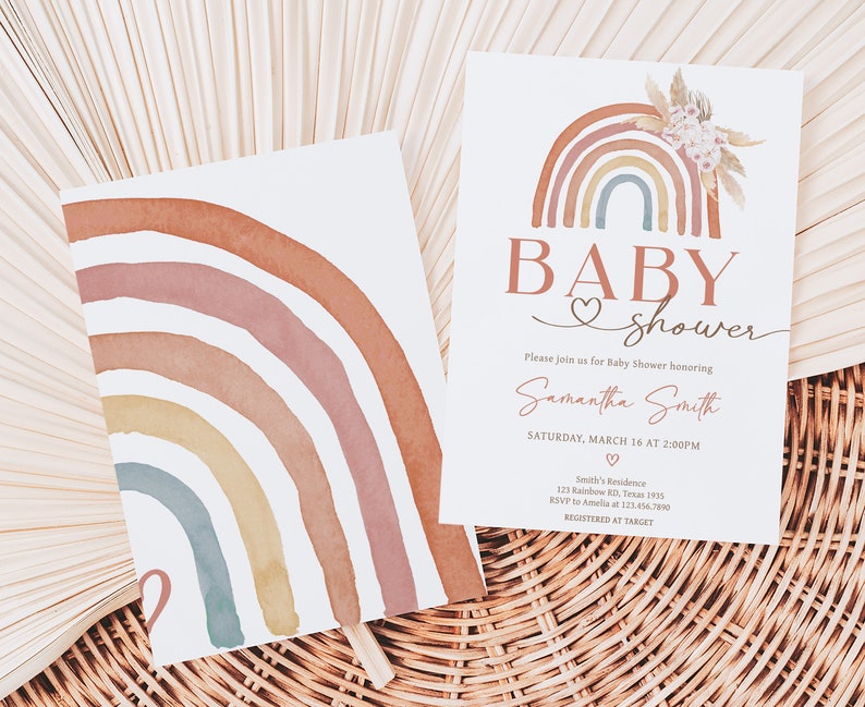 Editable Boho Rainbow Baby Shower Invitation Bundle, Pink Pampas Grass Boho Rainbow Baby Shower Invite Set, Girl Rainbow Baby Shower, 0632 image 2