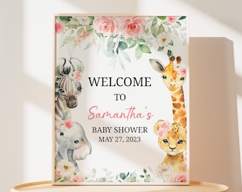 Editable Wild One Girl Safari Baby Shower Welcome Sign, Floral Jungle Baby Shower Welcome Poster, Greenery Jungle Safari Animals Sign 0383